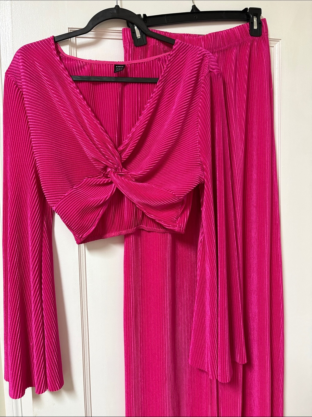 SHEIN Hot Pink Ribbed Twist-Front Top and Skirt Set